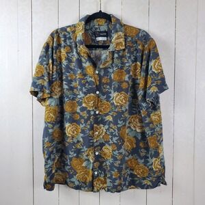 Original Use Mens XXL Floral Button Down Shirt Short Sleeve Rayon Blue Yellow